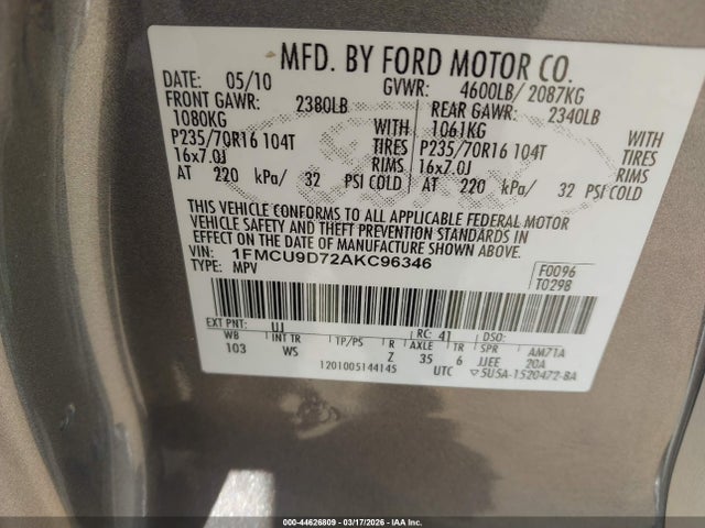 2010 Ford Escape Xlt მანქანა იყიდება აუქციონზე, vin: 1FMCU9D72AKC96346, აუქციონის ნომერი: 44626809