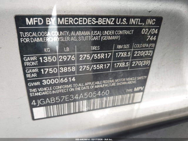 44626814 :رقم المزاد ، 4JGAB57E34A505460 vin ، 2004 Mercedes-benz Ml 350 4matic مزاد بيع