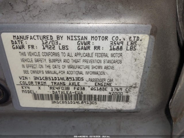 Продажа на аукционе авто 2004 Nissan Sentra 1.8s, vin: 3N1CB51D14L891305, номер лота: 44626816