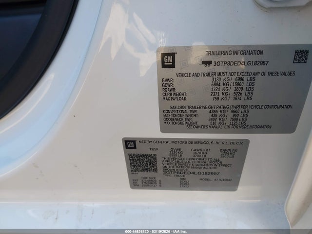 Aukcja sprzedaży 2020 Gmc Sierra 1500 2wd  Short Box Slt, vin: 3GTP8DED4LG182957, numer aukcji: 44626820