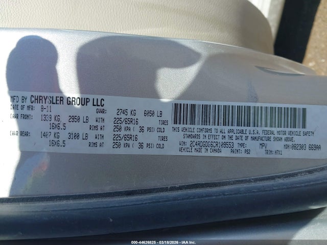 44626825 :رقم المزاد ، 2C4RDGDG6CR109553 vin ، 2012 Dodge Grand Caravan Crew مزاد بيع