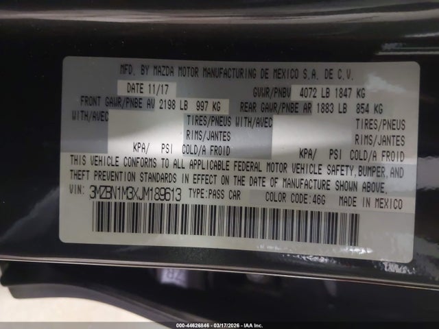 2018 Mazda Mazda3 Grand Touring მანქანა იყიდება აუქციონზე, vin: 3MZBN1M3XJM189613, აუქციონის ნომერი: 44626846