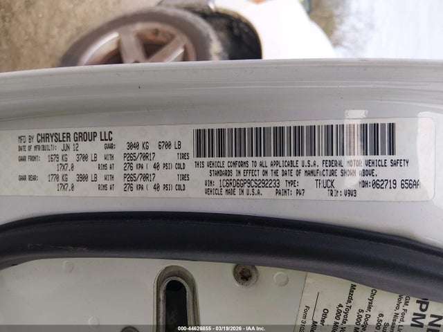 44626855 :رقم المزاد ، 1C6RD6GP9CS292233 vin ، 2012 Ram 1500 Slt مزاد بيع