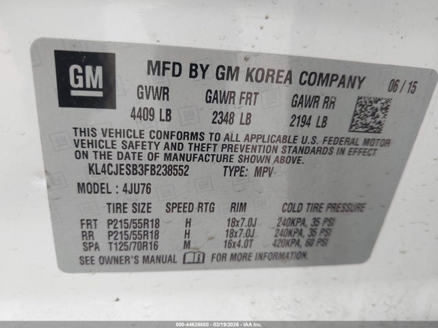 44626880 :رقم المزاد ، KL4CJESB3FB238552 vin ، 2015 Buick Encore مزاد بيع