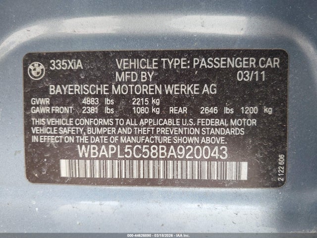 Продажа на аукционе авто 2011 Bmw 335i Xdrive, vin: WBAPL5C58BA920043, номер лота: 44626890