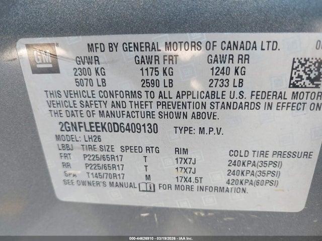 Продажа на аукционе авто 2013 Chevrolet Equinox 1lt, vin: 2GNFLEEK0D6409130, номер лота: 44626910