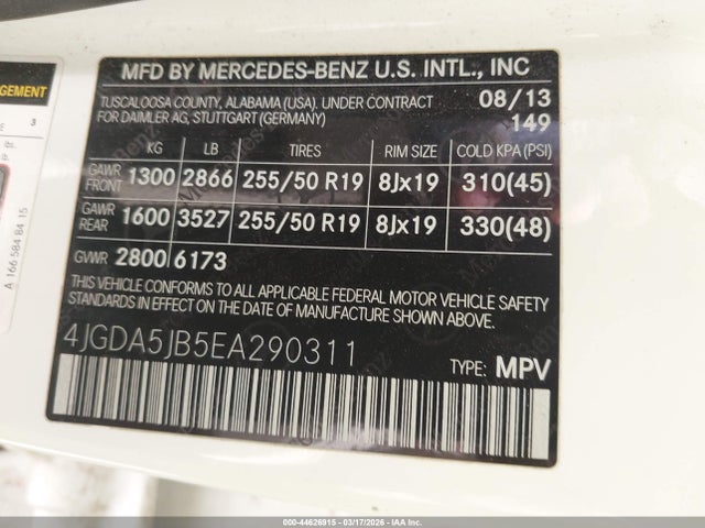 44626915 :رقم المزاد ، 4JGDA5JB5EA290311 vin ، 2014 Mercedes-benz Ml 350 مزاد بيع