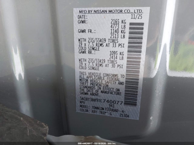 2026 Nissan Rogue Dark Armor მანქანა იყიდება აუქციონზე, vin: 5N1BT3BB9TC740077, აუქციონის ნომერი: 44626917