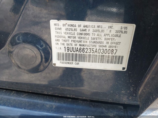 44626954 :رقم المزاد ، 19UUA66235A030087 vin ، 2005 Acura Tl مزاد بيع