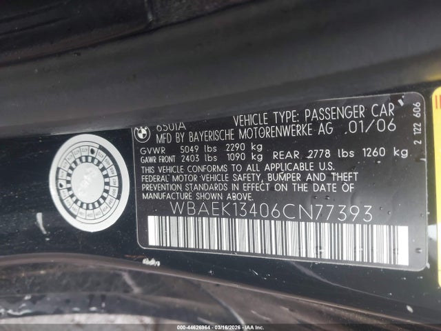 44626964 :رقم المزاد ، WBAEK13406CN77393 vin ، 2006 Bmw 650i مزاد بيع