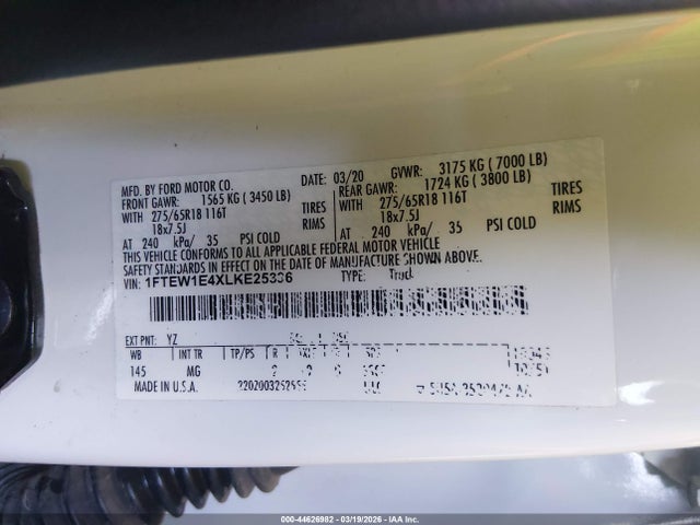 Продажа на аукционе авто 2020 Ford F-150 Xlt, vin: 1FTEW1E4XLKE25336, номер лота: 44626982