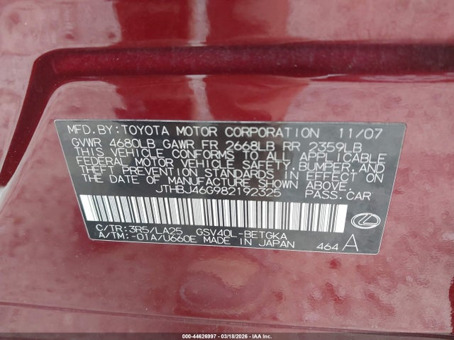44626997 :رقم المزاد ، JTHBJ46G982192325 vin ، 2008 Lexus Es 350 مزاد بيع