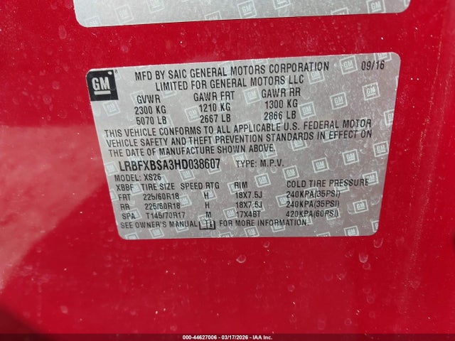 Aukcja sprzedaży 2017 Buick Envision Essence, vin: LRBFXBSA3HD038607, numer aukcji: 44627006