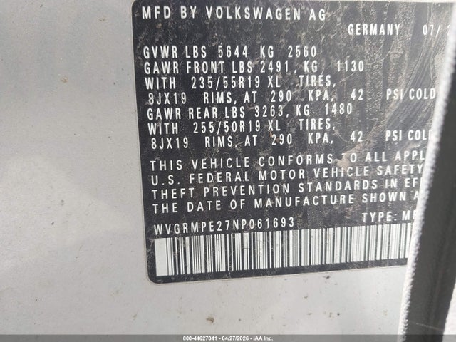 Продаж на аукціоні авто 2022 Volkswagen Id.4 Pro, vin: WVGRMPE27NP061693, номер лоту: 44627041