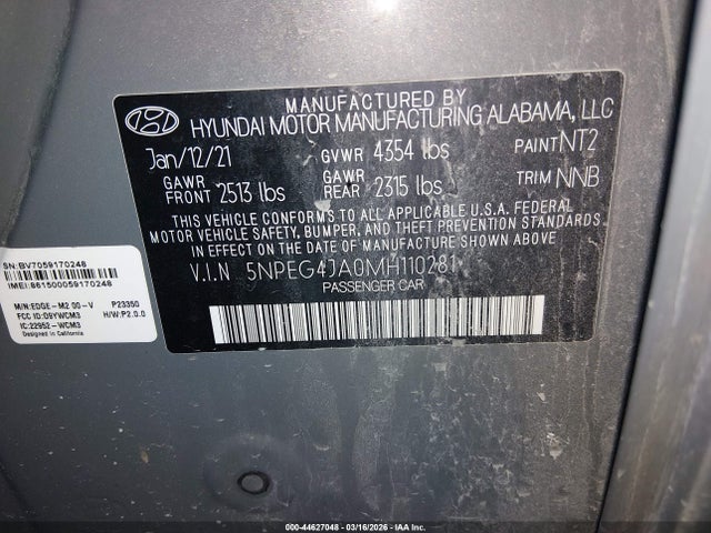Продаж на аукціоні авто 2021 Hyundai Sonata Se, vin: 5NPEG4JA0MH110281, номер лоту: 44627048