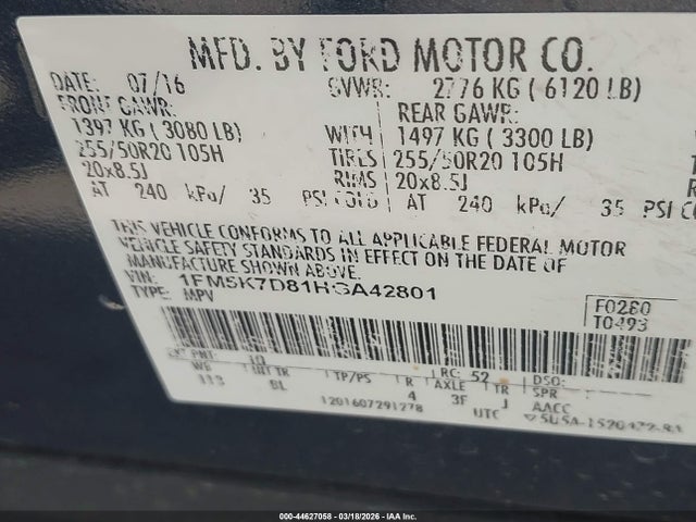 2017 Ford Explorer Xlt მანქანა იყიდება აუქციონზე, vin: 1FM5K7D81HGA42801, აუქციონის ნომერი: 44627058