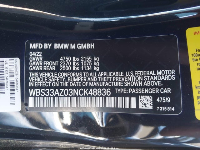 44627068 :رقم المزاد ، WBS33AZ03NCK48836 vin ، 2022 Bmw M4 Competition مزاد بيع