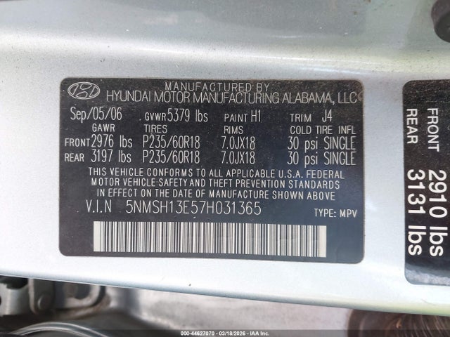 Aukcja sprzedaży 2007 Hyundai Santa Fe Limited/se, vin: 5NMSH13E57H031365, numer aukcji: 44627070