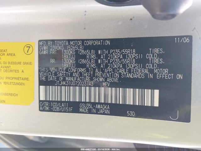 Aukcja sprzedaży 2007 Lexus Rx 350, vin: JTJHK31U072023743, numer aukcji: 44627100