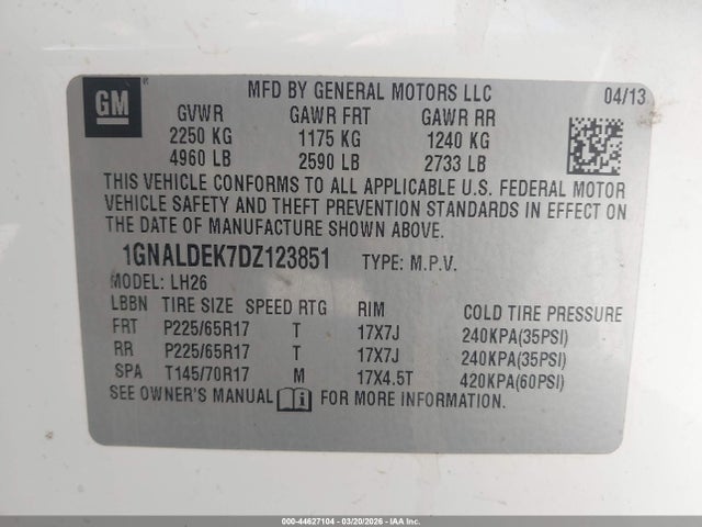 Aukcja sprzedaży 2013 Chevrolet Equinox 1lt, vin: 1GNALDEK7DZ123851, numer aukcji: 44627104