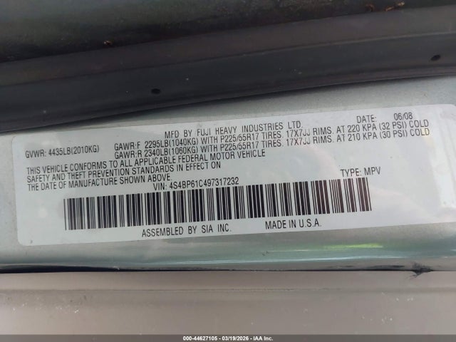 2009 Subaru Outback 2.5i მანქანა იყიდება აუქციონზე, vin: 4S4BP61C497317232, აუქციონის ნომერი: 44627105