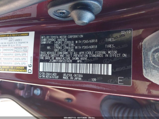 44627112 :رقم المزاد ، JTJBM7FXXK5227628 vin ، 2019 Lexus Gx 460 Premium مزاد بيع