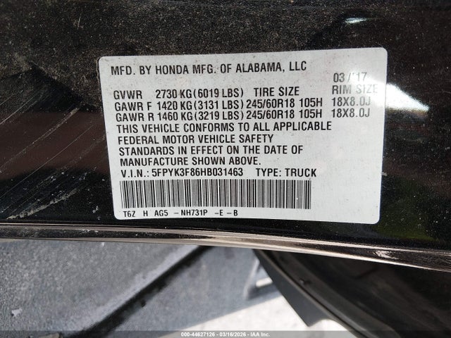 5FPYK3F86HB031463 Honda Ridgeline Black Edition