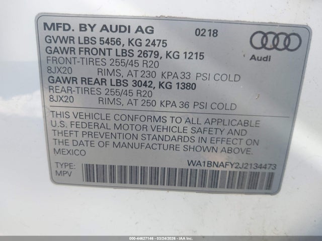 44627146 :رقم المزاد ، WA1BNAFY2J2134473 vin ، 2018 Audi Q5 2.0t Premium/2.0t Tech Premium مزاد بيع