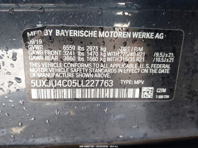 44627161 :رقم المزاد ، 5UXJU4C05LL227763 vin ، 2020 Bmw X5 M50i مزاد بيع