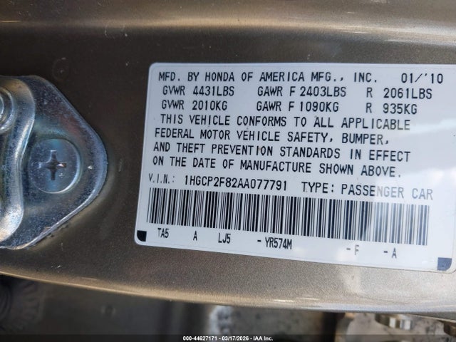Aukcja sprzedaży 2010 Honda Accord 2.4 Ex-l, vin: 1HGCP2F82AA077791, numer aukcji: 44627171