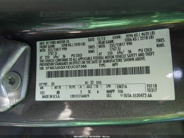 44627175 :رقم المزاد ، 1FMCU0GX1EUC07366 vin ، 2014 Ford Escape Se مزاد بيع