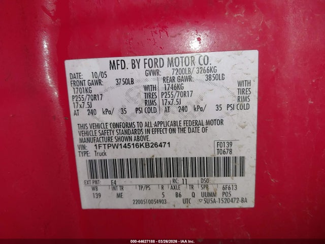 Продаж на аукціоні авто 2006 Ford F-150 Fx4/lariat/xlt, vin: 1FTPW14516KB26471, номер лоту: 44627188