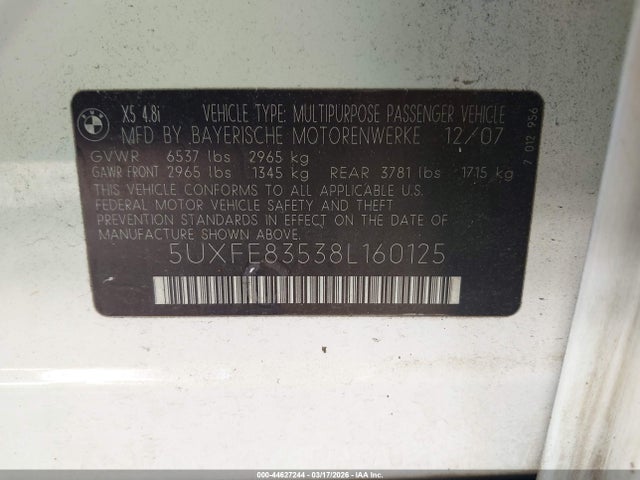 Aukcja sprzedaży 2008 Bmw X5 4.8i, vin: 5UXFE83538L160125, numer aukcji: 44627244
