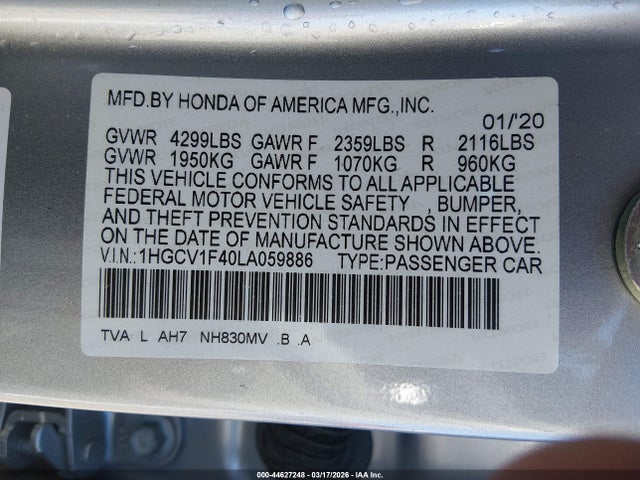 2020 Honda Accord Ex მანქანა იყიდება აუქციონზე, vin: 1HGCV1F40LA059886, აუქციონის ნომერი: 44627248