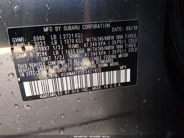 Aukcja sprzedaży 2019 Subaru Ascent Premium, vin: 4S4WMAFD2K3421973, numer aukcji: 44627267