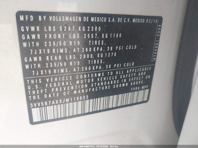 44627274 :رقم المزاد ، 3VV5B7AX9JM119833 vin ، 2018 Volkswagen Tiguan 2.0t Sel Premium مزاد بيع