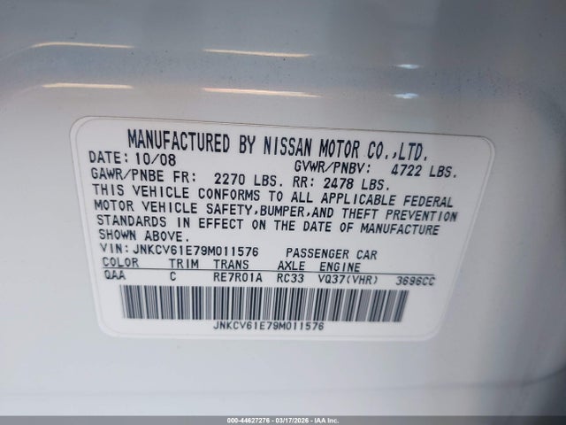 Продажа на аукционе авто 2009 Infiniti G37 Journey, vin: JNKCV61E79M011576, номер лота: 44627276