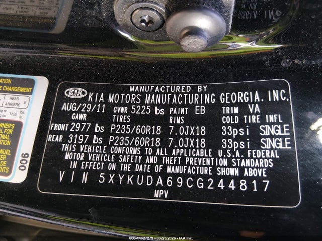Продажа на аукционе авто 2012 Kia Sorento Ex, vin: 5XYKUDA69CG244817, номер лота: 44627279