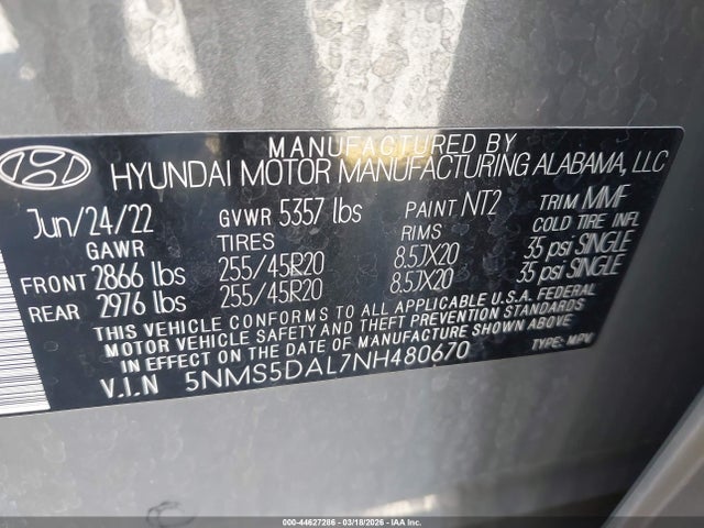 Продажа на аукционе авто 2022 Hyundai Santa Fe Calligraphy, vin: 5NMS5DAL7NH480670, номер лота: 44627286