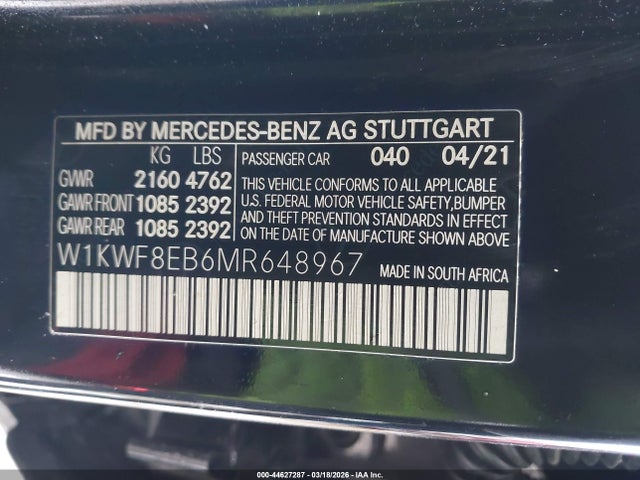 44627287 :رقم المزاد ، W1KWF8EB6MR648967 vin ، 2021 Mercedes-benz C 300 4matic مزاد بيع
