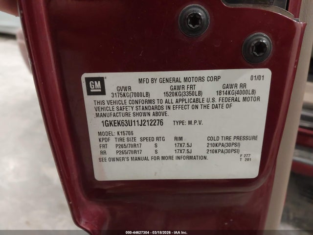44627304 :رقم المزاد ، 1GKEK63U11J212276 vin ، 2001 Gmc Yukon Denali مزاد بيع