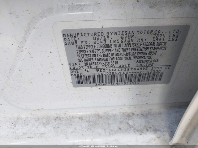 3N1AB7AP9KY315815 Nissan SENTRA SV