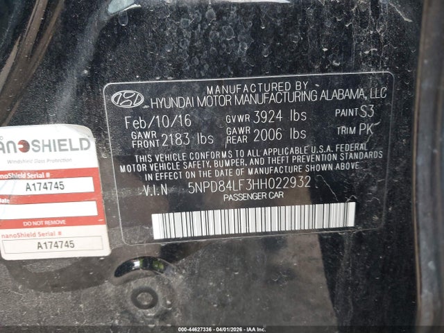 44627336 :رقم المزاد ، 5NPD84LF3HH022932 vin ، 2017 Hyundai Elantra Limited مزاد بيع