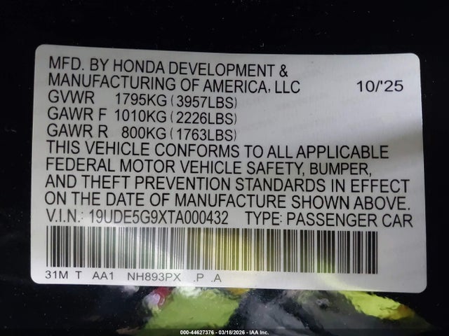 Aukcja sprzedaży 2026 Acura Integra Fwd Type S, vin: 19UDE5G9XTA000432, numer aukcji: 44627376