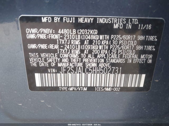44627413 :رقم المزاد ، JF2SJALC5HH502731 vin ، 2017 Subaru Forester 2.5i Limited مزاد بيع