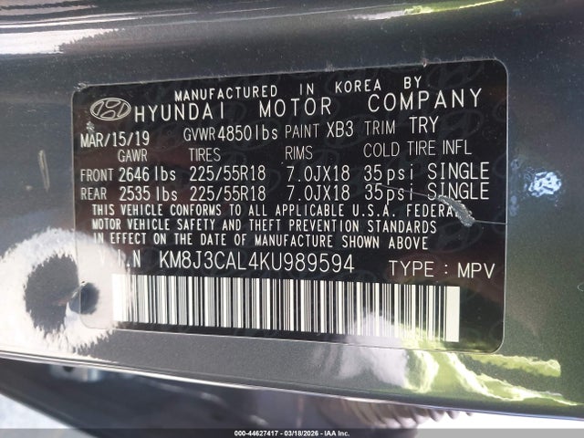 Aukcja sprzedaży 2019 Hyundai Tucson Limited, vin: KM8J3CAL4KU989594, numer aukcji: 44627417