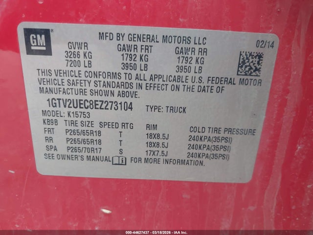 Продажа на аукционе авто 2014 Gmc Sierra 1500 Sle, vin: 1GTV2UEC8EZ273104, номер лота: 44627437
