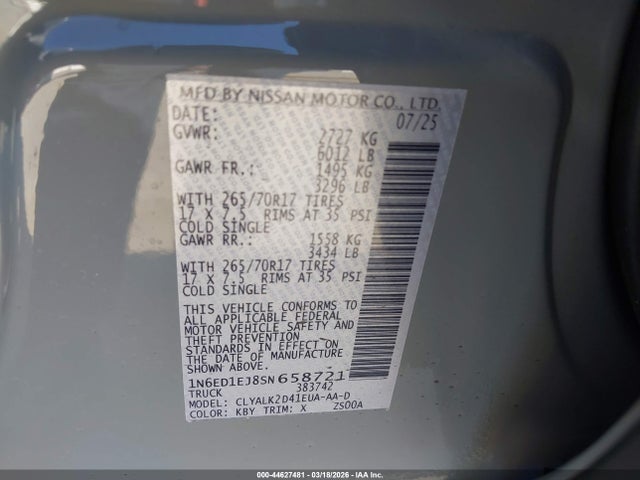 Aukcja sprzedaży 2025 Nissan Frontier Pro-x 4x2, vin: 1N6ED1EJ8SN658721, numer aukcji: 44627481