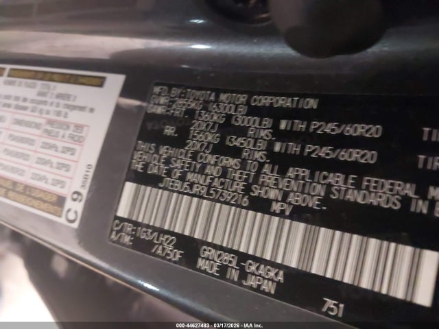44627483 :رقم المزاد ، JTEBU5JR9L5739216 vin ، 2020 Toyota 4runner Nightshade Special Edition مزاد بيع