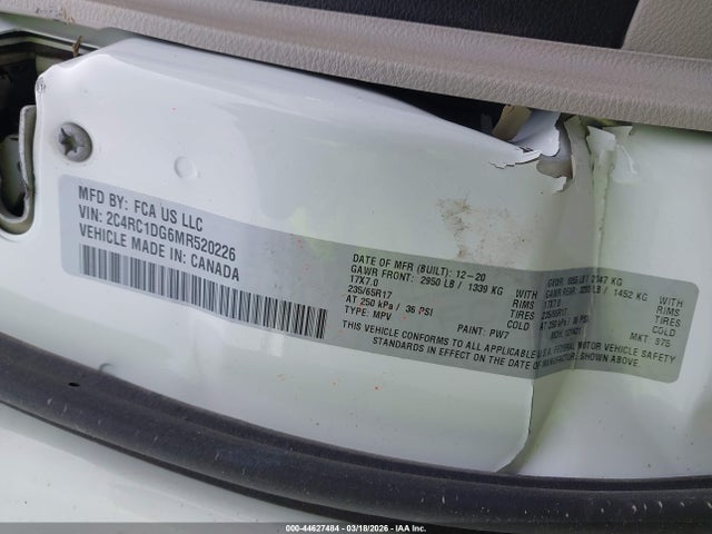 44627484 :رقم المزاد ، 2C4RC1DG6MR520226 vin ، 2021 Chrysler Voyager Lxi مزاد بيع